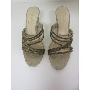 JESSICA SIMPSON Champagne Glittered 8 1/2 Strappy Wedge Slip On Open Toe Sandals